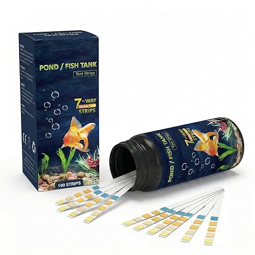 7-in-1 Pond & Fish Tank Test Strips - 100 Count | Fast 30s Water Test Kit for Carbonate, pH, Hardness, Chlorine, Nitrate, Nitrite | Freshwater & Saltwater Aquariums