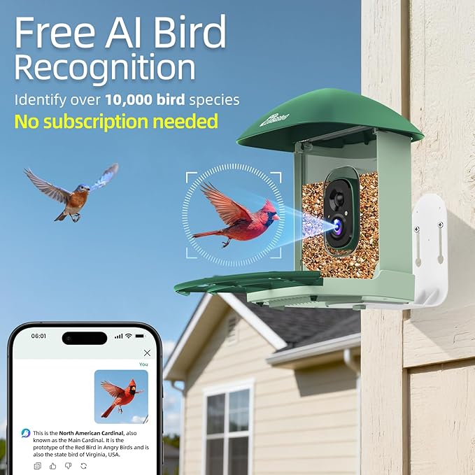 Smart Bird Feeder with 4MP HD Camera, Birdwatching Camera with Free AI Identify Birds & Solar Panel for Outdoors, Auto Video Capture & Instant Notifications, Green