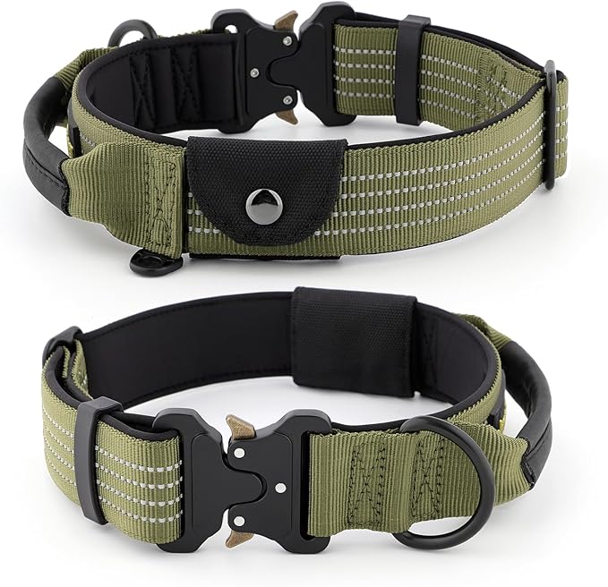 Plutus Pet Tactical Dog Collar with Tracker Pocket for AirTag, Adjustable Reflective Nylon Collar, Metal Buckle, Leather-Wrapped Handle, Soft Padded for Medium Large Dogs (Ranger Green, M)