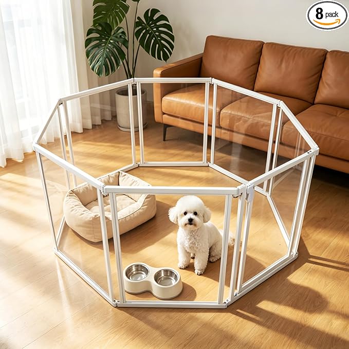 24" H Clear Dog Playpen Indoor, Metal Frame Acrylic Dog Play Pen Cage with Door - 8 Panels, Easy Assemble Pet Fence, DIY Foldable Puppy Pen for Ducks Cat Rabbit Small & Medium Pets- White