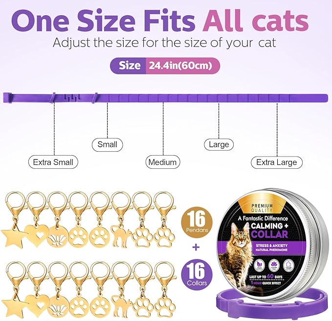 Silkfly 16 Pcs Calming Collar for Cats with 16 Gold Lobster Clasp and 16 Pendants, Adjustable Cat Pheromone Collar Purple Calming Collar for Cats Anxiety and Stress Relief Cat Stop Meowing, 15 Inch