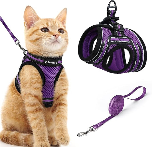 rabbitgoo Cat Harness and Leash Set for Walking Escape Proof, Adjustable Soft Kittens Vest with Reflective Strip for Cats, Comfortable Outdoor Vest, Purple, M