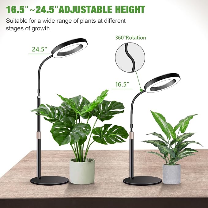 Grow Lights for Indoor Plants, 80 LEDs, Height Adjustable 16.5-25" | Full Spectrum, Auto Timer 6H/12H/16H, 5 Dimmable Levels, Flexible Gooseneck 6000K, Desk Plant Light with Base