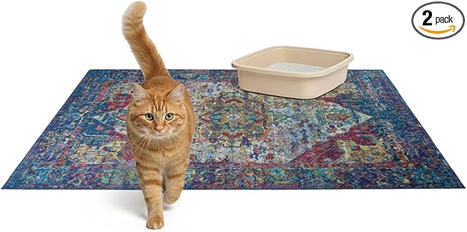 Lovewag Pets Cat Litter Mat 2 Pack - Large 36x48 Machine Washable Easy Clean Non-Slip Waterproof Mats for Cats - Bohemian Jewel