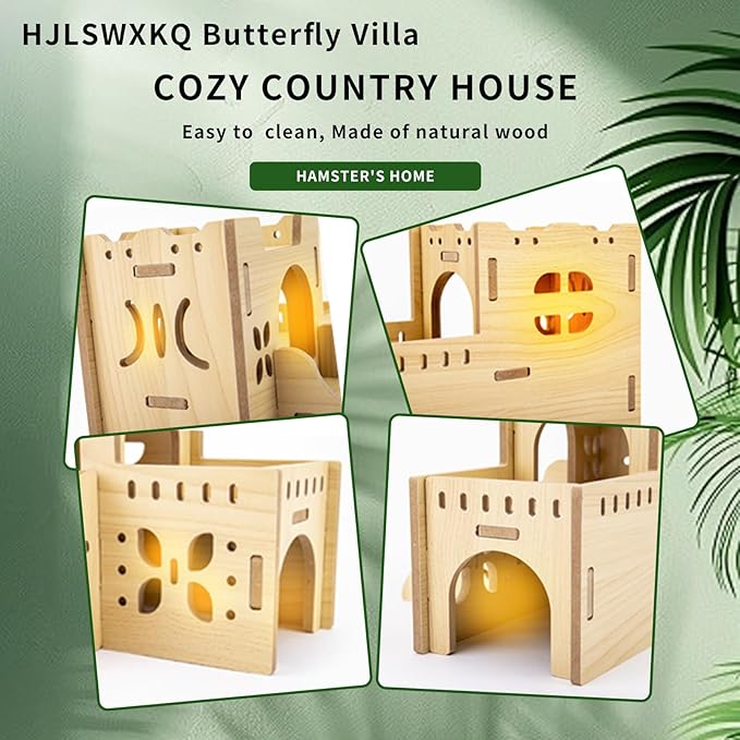 Natural Wood Hamster Habitat Hideout Cage Accessories, Maze Cabin with Fun Slide & Double-Decker House, Exercise Toys for Dwarf Hamsters, Gerbils, Mice, Other Small Animals(Only for Small Hamster A)