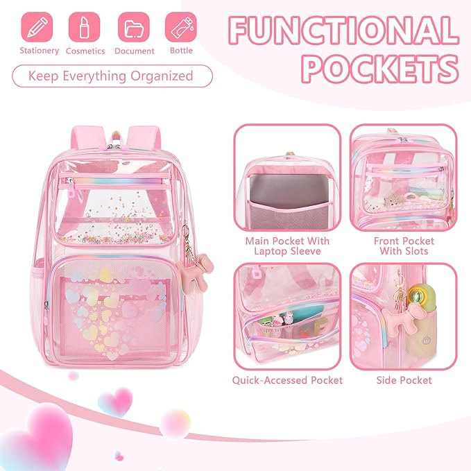 MOONBABY Clear Backpack for School Girls, Heavy Duty TPU Transparent Backpack Stadium Events Approved, Clear Bookbag
