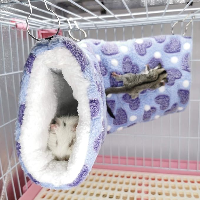 LEFTSTARER Hanging Tunnel for Small Animals Guinea Pig Accessories Sugar Glider Cage Accessories Hamster Rat Toys Ferret Hammock（Heart-Purple）