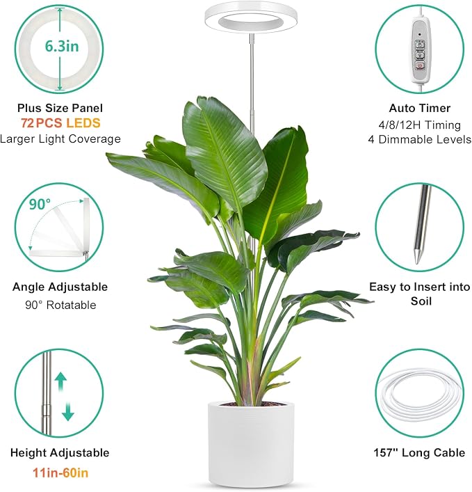 LORDEM Full Spectrum LED Grow Light, 72 LEDs, 4 Brightness Settings, Auto On/Off Timer, Height Adjustable, Ideal for Indoor Plants | 72 LEDs, Timer 4/8/12H, 4 Dimmable Levels, Height Adjustable 65 inch, Ideal for Tall Houseplants