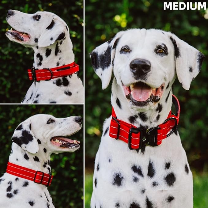 Tuff Pupper Tactical Dog Collar | Heavy Duty 1.5" Wide Ballistic Nylon | Training Control Handle | Quick-Release Metal Buckle | Reflective Bands | ID Tag Holder | Padded Inner Lining (Red, Medium)
