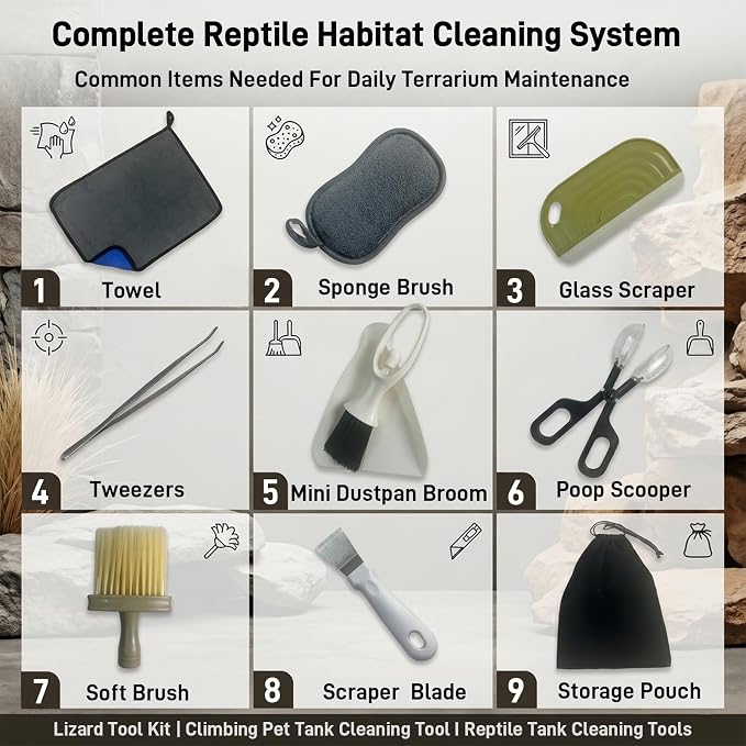 Reptile Cleaning Kit 9PCS, Terrarium Cleaning Tools Set with Scraper, Brush, Tweezers & Sponge, Tank Maintenance Kit for Bearded Dragon, Gecko, Snake Habitat Supplies