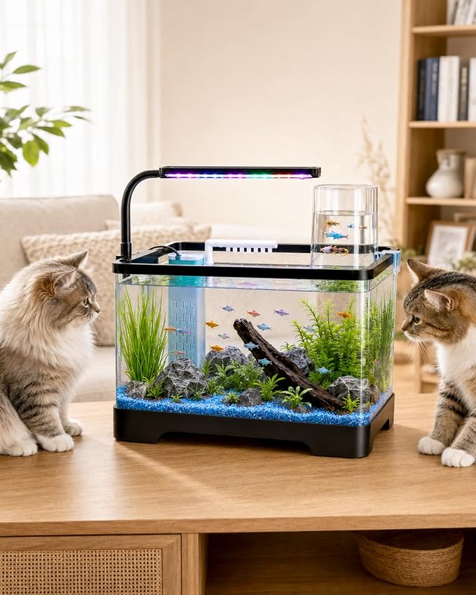 3 Gallon Betta Fish Tank Starter Kit - Negative Pressure Acrylic Aquarium | Desktop Small Aquarium with 3-Color LED Light, Quiet Water Pump Filter, Blue Sand & Net for Guppies, Goldfish & Small Fish