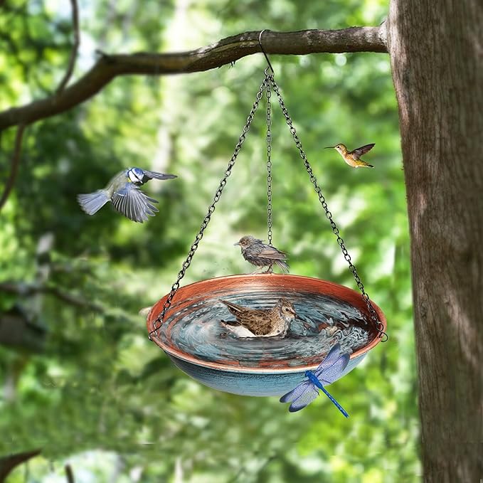Hanging Bird Bath for Outdoors,11Inch Double Patchwork Birdbath Bowl Window Birds Feeder with 13.5 in Rust-Proof Black Chains Metal Hanging Birds Feeder for Garden Backyard Decor Copper Blue
