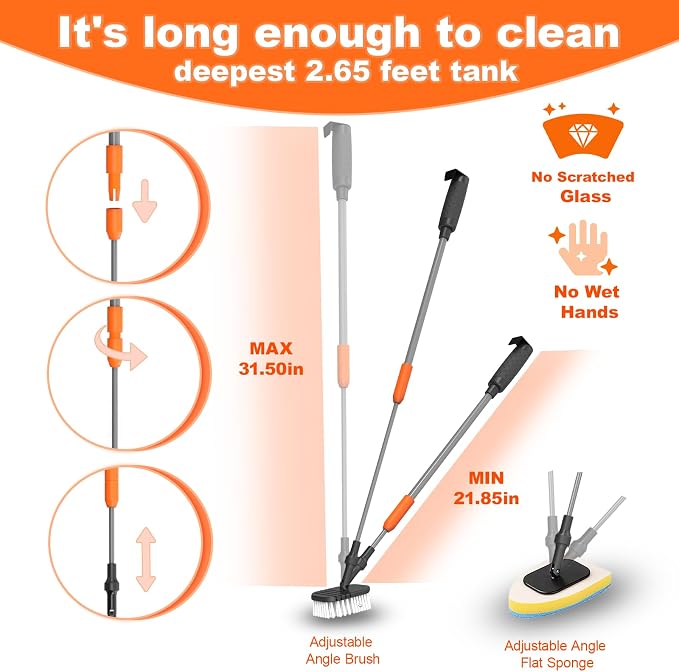 7-in-1 Aquarium Cleaning Tool, Fish Tank Cleaner with Telescopic Handle | Aquariums Scraper,Adjustable Angle Brush,Gravel Rake,Plant Fork, Flat Sponge,Large Fishes Net,Hose Brushes