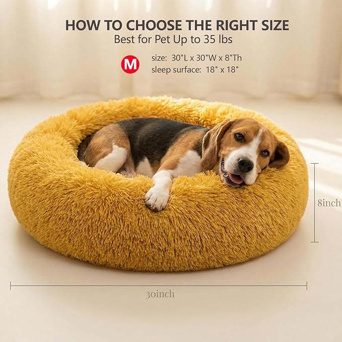 Calming Dog Bed for Medium Dogs Washable Donut 30 inches Anti-Slip Pet Bed,Round Fluffy Plush Faux Fur Cat Bed,Fits up to 45 lbs Pets,Orange