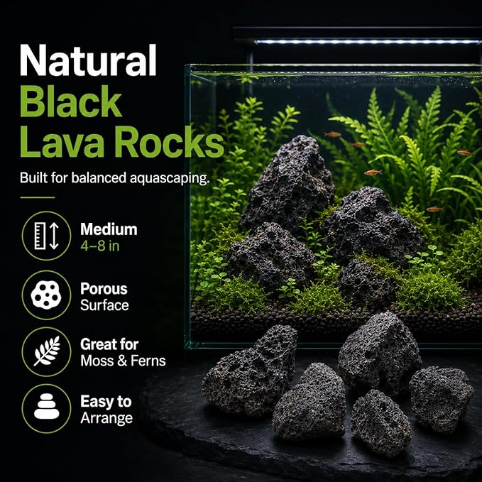 4–8 Inches Natural Black Lava Rocks, 4 PCS Medium Aquarium Stones for Aquascaping, Fish Tank Hardscape, Planted Tanks, Terrariums & Reptile Decor (Medium 4–8 in)