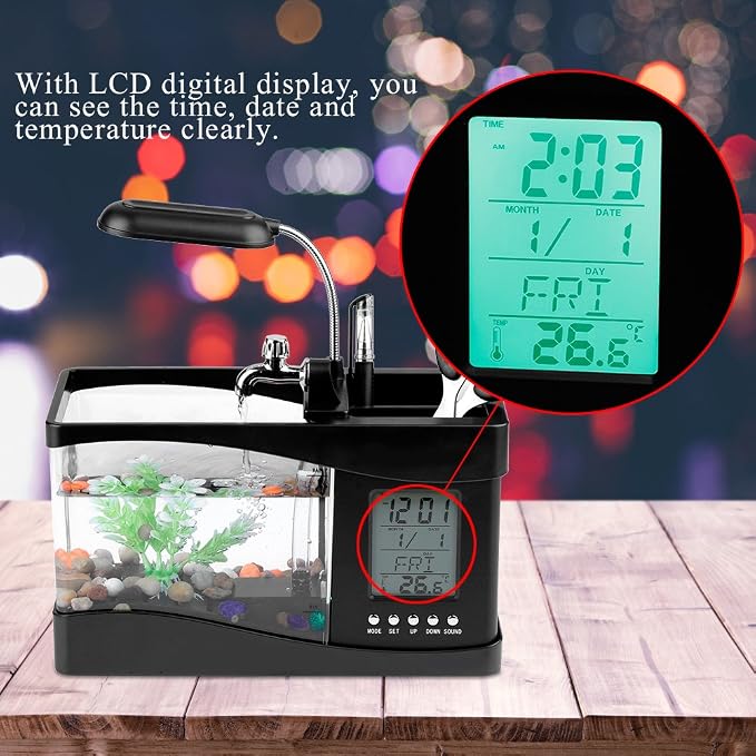 Mini Fish , Multifunctional USB Rechargeable Fish Desktop Electronic Aquarium with Clock Function LED Light Pen Holder for Office, Home