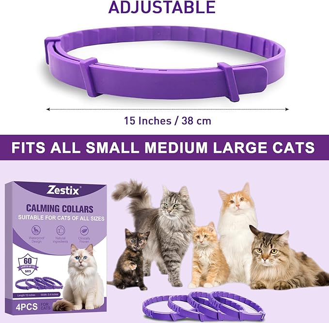 Cat Calming Collar with Pheromone & Lavender, Adjustable Waterproof Design, 30-Day Anxiety Relief, 4-Pack for Multi-Cat Stress & Travel