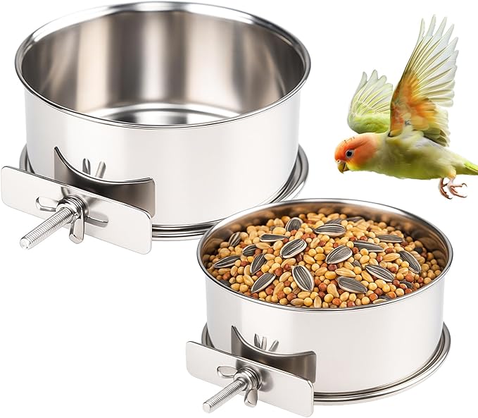 2 Pack Stainless Steel Bird Food Bowl Small Bird Feeding Dish Cups for Cage Parrot Food Bowl Cage with Clamp Holder for Parrots, Cockatiels, Small Animals (S+M)
