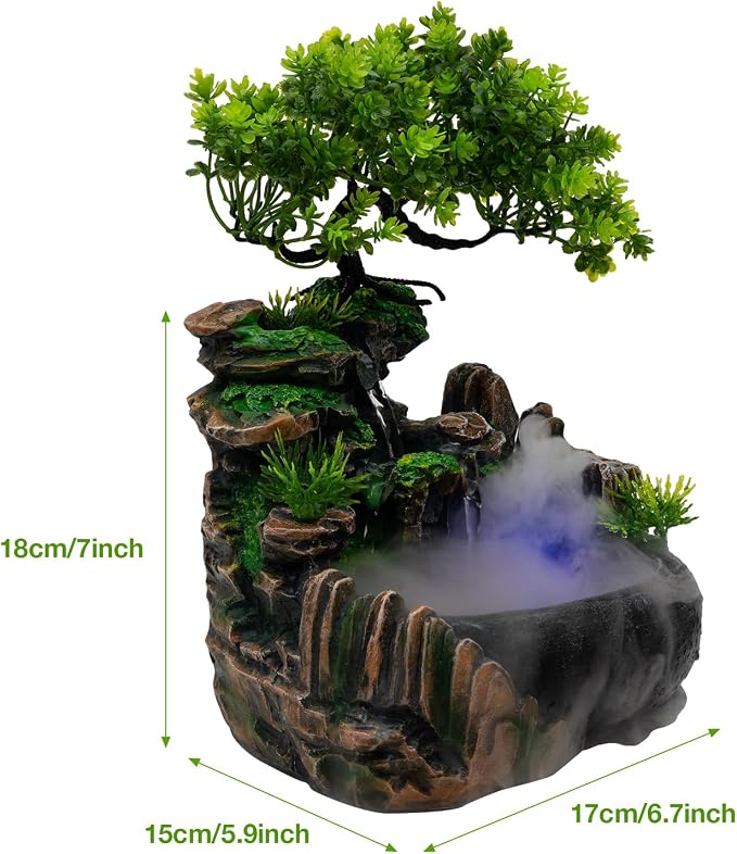 Indoor Fountain Rockery Tabletop Fountain with an Atomizer Elaxation | Water Feature Meditation Desktop Fountains for Home Office Decor or Gift 6.7''L x 5.9''W x 7''H with LED Light