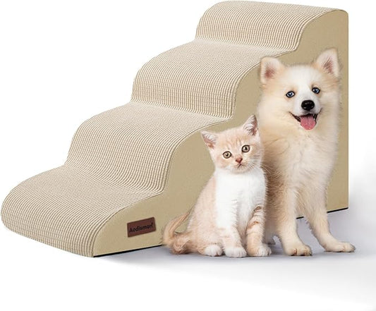 Aodisman 4-Step Dog Stairs and Ramp for Beds or Couches,Non-Slip Sturdy Pet Steps for Small Dogs and Cats,17.4" H,Beige