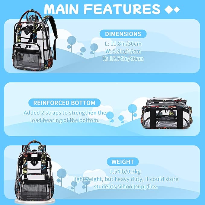 MOONBABY Small Clear Backpack for School Transparent Bookbag for Kids Heavy Duty PVC See Through Backpack Stadium Approved
