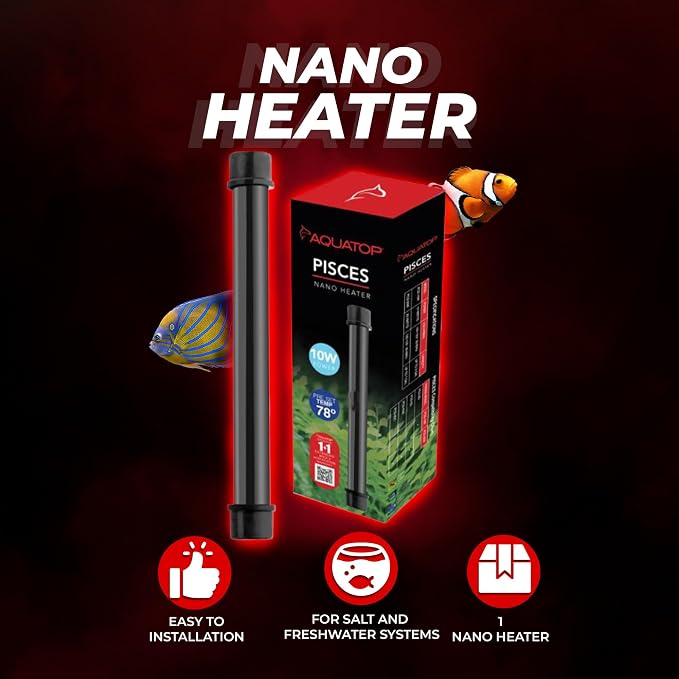 Aquatop 10W Pisces Nano Heater – Fully Submersible for Fish Tanks Up to 3 Gallons – Preset 78°F Thermostat – Heat-Resistant – PCS-10W