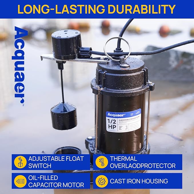 Acquaer Sewage Pump, Cast Iron, Automatic Tethered Float Switch, Sewage Effluent Pump for Sump Basin, Basement, Residential Sewage, 2'' NPT Discharge, Deep Black