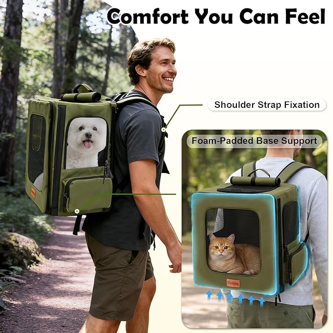 Vivifying Pet Carrier Backpack for Cats and Small Dogs up to 18 lb, Breathable Pet Backpack for Travel, Vet Visits and Hiking, with Sunshade, Locking Zippers, Thickened Bottom Support (Military Green)