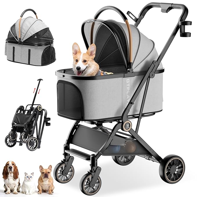 GTPLAYER Pet Stroller for Dogs & Cats, 3-in-1 Foldable Pet Strollers with Detachable Carrier, 360° Swivel Front Wheels & Rear Brakes, Up to 45 lbs, Grey