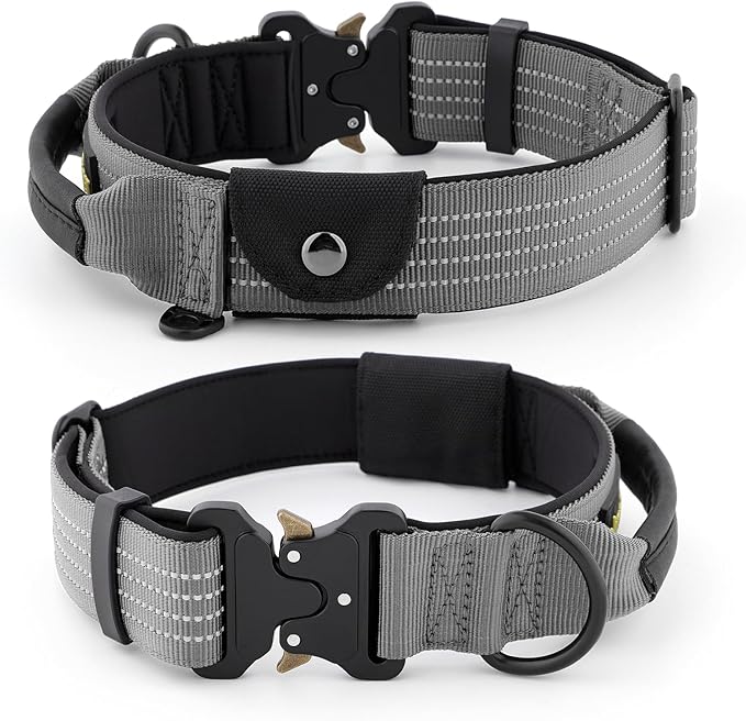 Plutus Pet Tactical Dog Collar with Tracker Pocket for AirTag, Adjustable Reflective Nylon Collar, Metal Buckle, Leather-Wrapped Handle, Soft Padded for Medium Large Dogs (Gray, M)