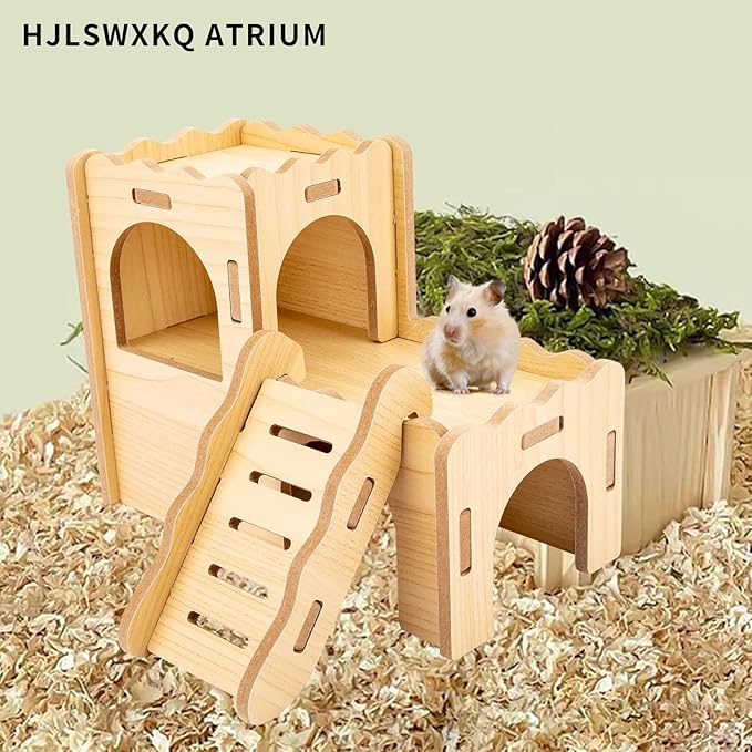 Natural Wood Hamster Habitat Hideout Cage Accessories, Maze Cabin with Fun Slide & Double-Decker House, Exercise Toys for Dwarf Hamsters, Gerbils, Mice,Other Small Animals(Only for Small Hamster C)