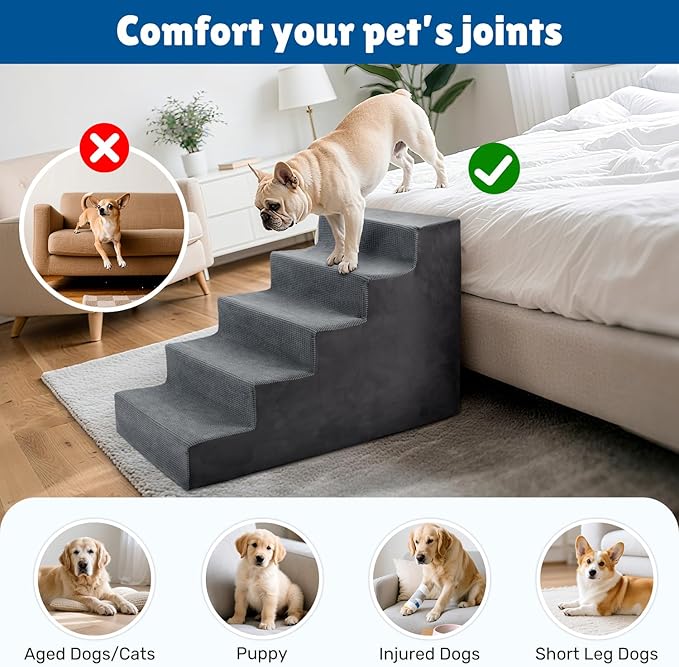 Dog Steps for High Bed, 23" H Dog Stairs for Small Dogs, 5-Tier Pet Stairs with Washable Cover, Non-Slip Pet Steps for Dogs to Get On Bed