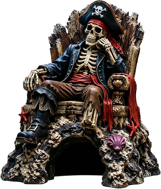 Pirate Skeleton Throne Aquarium Ornament Resin Fish Tank Hideout Cave for Small Fish Realistic Skull King Castle Decor 15cm Gothic Gothic Statues Freshwater Saltwater B