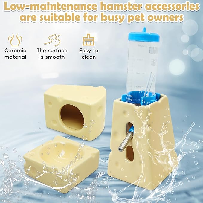 PINVNBY 4PCS Hamster Hideout Set Ceramic Cheese Shape Hamster Food Bowl Water Bottle Holder & 125ML Water Bottle Hamsters House for Dwarf Robo Campbell Gerbil and Other Small Animals