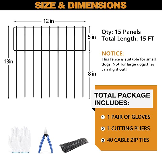 15 Panels Animal Barrier Fence, 15ft(L) X 13inch(H) No Dig Fences Rabbits Barriers, Rustproof Metal Bottom Border Dog Blockers, Ground Stakes Defense for Garden Outdoor Landscape Patio