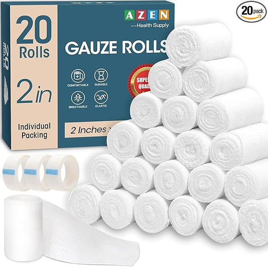 AZEN 20 Pack Gauze Rolls Bandages, 2 in x 4.1 Yards, Premium Medical Supplies & First Aid Supplies, Bandage Wrap Vet Wrap
