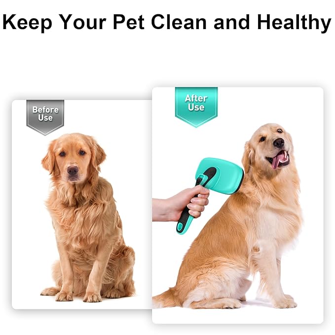 Self Cleaning Slicker Brush for Dog & Cats, Skin Friendly Deshedding Grooming Tool for Shedding Long and Short Haired Pets, Easy Clean Retractable Bristles, Green