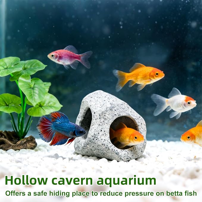 3pcs Fake Fish Tank Decor Set, Silk Realistic Aquarium Plants with Hideaway Rock Cave Fish Tank Accessories for Betta Goldfish Turtle Aquarium Decorations
