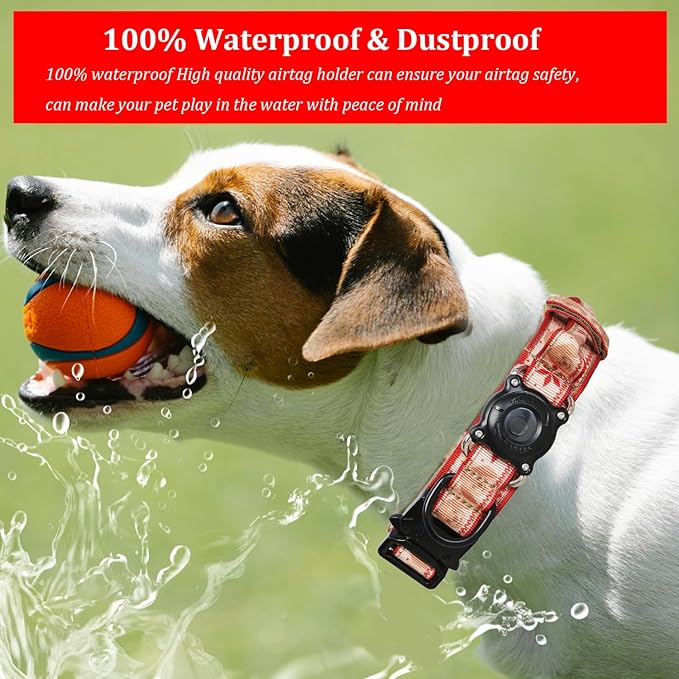 Christmas Tactical Dog Collar with Airtag Holder Waterproof Dog Airtag Collar with Control Handle Adjustable Heavy Duty Dog Collars(Christmas Red，XL
