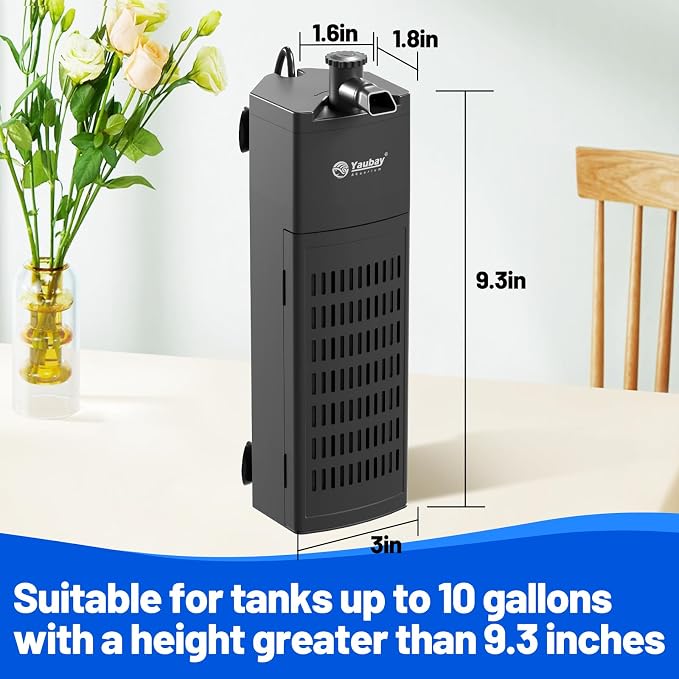 Yaubay Aquarium Filter for Up to 20 Gallons, Corner Fish Tank Filters | 4-Stage Filtration Trio, Adjustable Water Flow, Super Quiet,130GPH, 9.8W