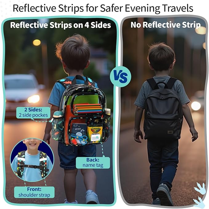 Clear Backpack Set for Boys, 15 Inch Heavy Duty Transparent Bookbag with Lunch Bag, Kindergarten to 2nd Grade School Bag, Security Approved PVC, Black Dinosaur