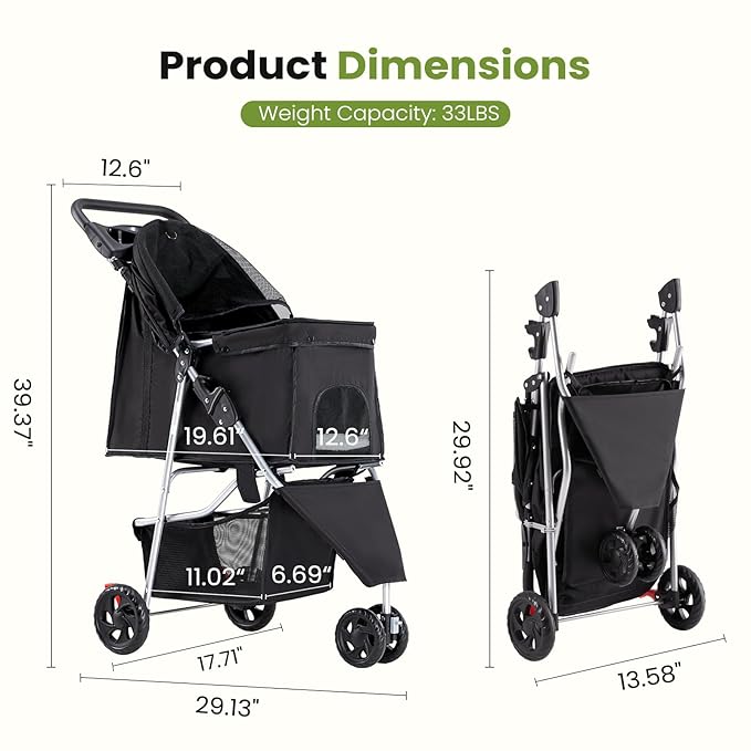 3 Wheel Pet Stroller for Dogs and Cats, Foldable, Lightweight and Durable, Ideal for Small to Medium Pets, Includes Storage Basket and Cup Holders, Black