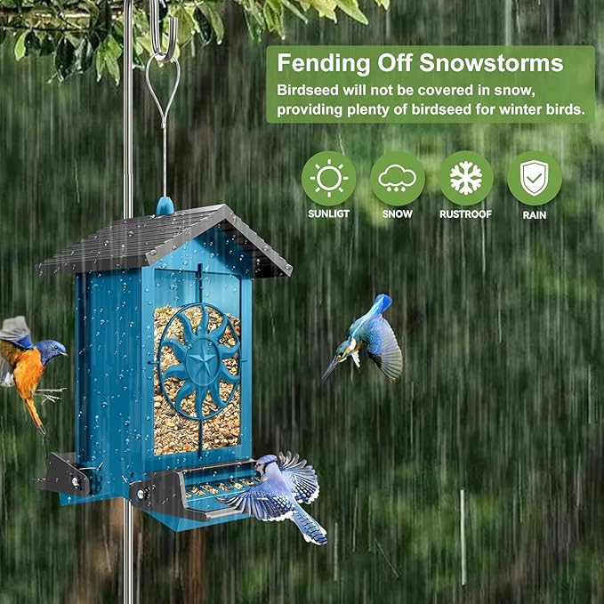 Squirrel Proof Bird Feeders for Outdoors with Weight-Activated, 5LB Large Metal Wild Bird Feeders for Cardinals,Blue Jay,Finch, Weatherproof Durable Hanging Bird Feeder for Backyard,Garden (Blue)