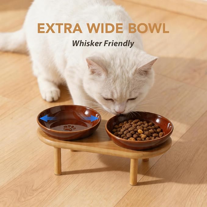 Havniva Elevated Cat Bowls Raised Ceramic Cat Bowl, 5.7” Wide Opening Cat Food Bowl Whisker Friendly Cat Dish Anti-Slip with Bamboo Stand, Shallow Pet Food & Water Bowl for Indoor Cats