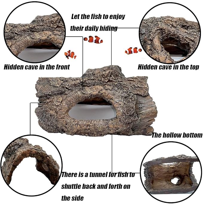 Tfwadmx Aquarium Decoration Cave Resin Hollow Tree Trunk Log Terrarium Ornament Fish Tank Hideout for Betta Cichlid Shrimp Small Reptile Gecko