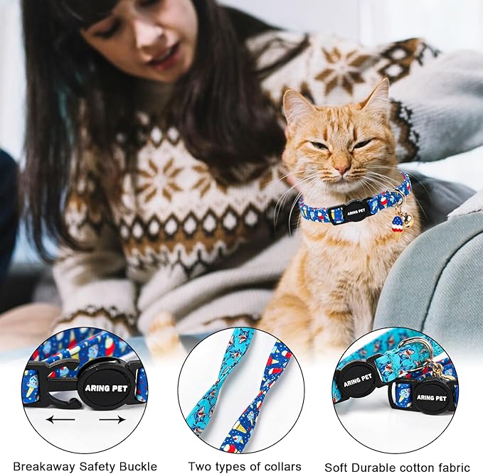 ARING PET 2 Pack Cat Collars with Bell, Cute Soft Cotton Kitten Kitty Breakaway Summer Cat Collars for Boy Girl Cats-Blue Shark & Ice Cream