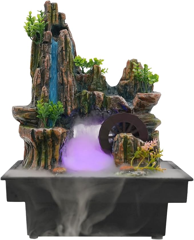 Indoor Fountain Rockery Tabletop Fountain with an Atomizer Elaxation, 7.9''L x 7''W x 10.6''H with LED Light Water Feature Meditation Desktop Fountains for Home Office Decor or Gift