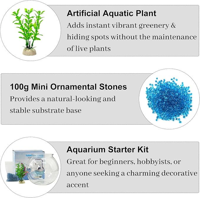 Plastic Goldfish Fish Bowl Drum Clear Aquarium Starter Kits | High Transparent Round Acrylic Fish Tank with 1 Artificial Aquatic Plant and 1 Bag Mini Ornamental Stones, 0.72Gallon/ 2.75L