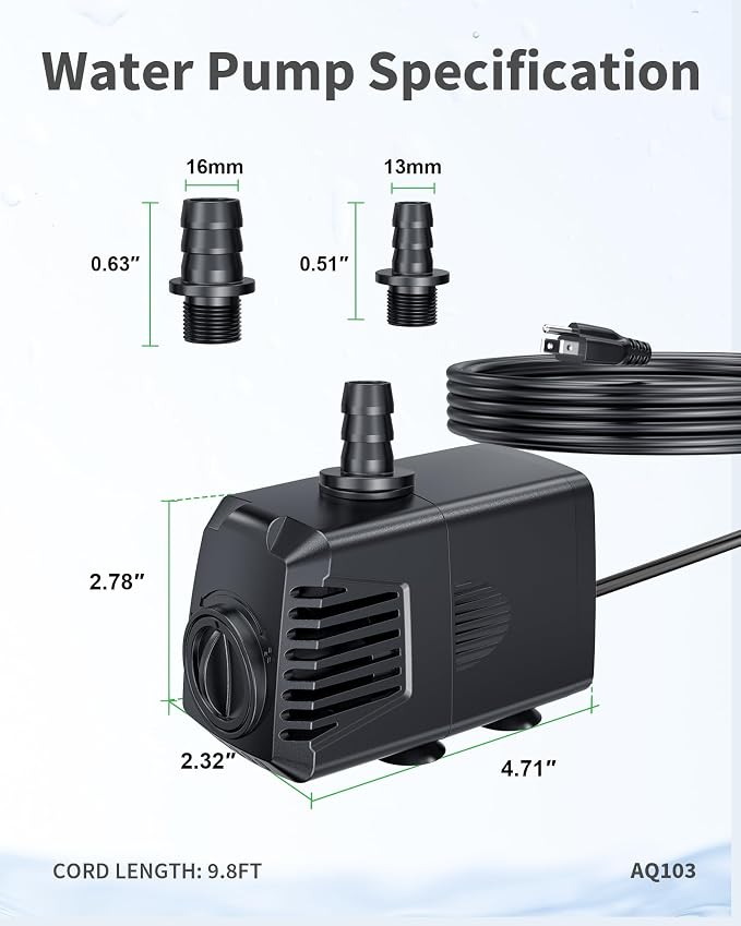 400GPH Submersible Pump(1500L/H, 24W), Ultra Quiet Fountain Pump with Over Heating Protection & Filter Sponge 6.6ft High Lift for Pond, Fish Tank, Aquarium, Hydroponics, Waterfall Q103