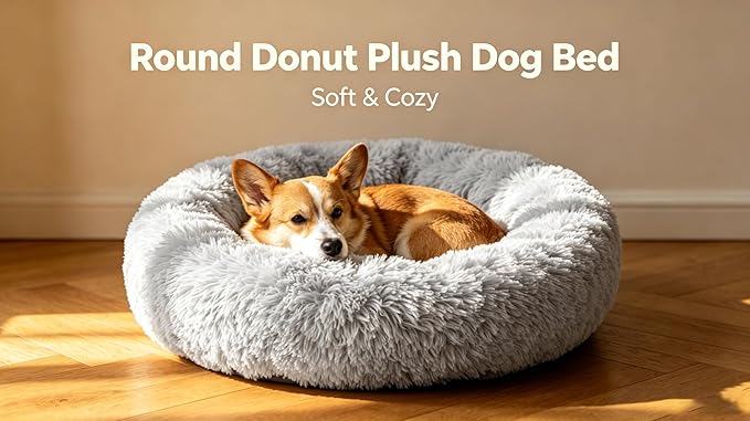 Calming Large Donut Dog Bed, Round Soft Fluffy Plush Faux Fur Anti-Anxiety Washable Anti-Slip Pet Bed for Medium Size Dog and Cat 28in Gray